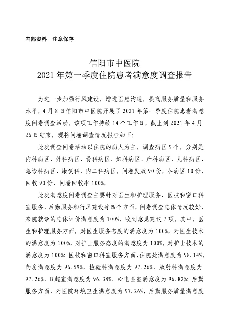 信陽市中醫(yī)院2021年第一季度住院患者滿意度調(diào)查報(bào)告